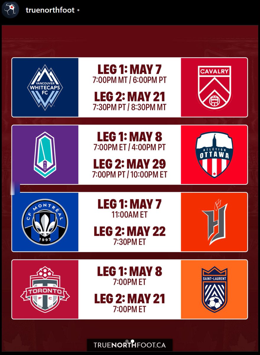 Instagram @truenorthfoot
Dates & times CONFIRMED for the 2024 #CanChamp quarter-finals 🏆🇨🇦