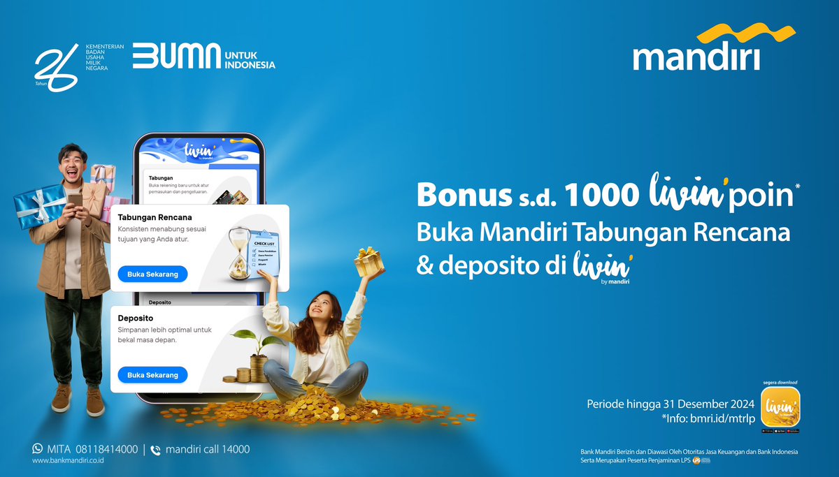 Sahabat, buka Mandiri Tabungan Rencana (MTR) dan Deposito melalui aplikasi Livin' by Mandiri yuk. Kamu bisa dapetin bonus hingga 1.000 Livin'poin lho. Berlaku hingga 31 Desember 2024. Info, klik bmri.id/mtrlp #LivinbyMandiri #SuperAPPPromoLengkAPP