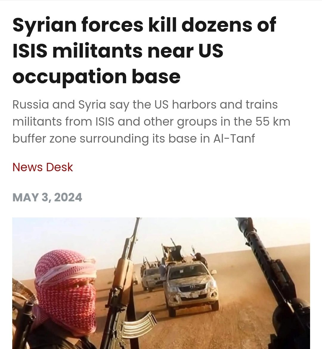 US occupation bases in Syria provide safe haven for terrorist proxies, including ISIS. Russia and Syria say the US harbors and trains militants from ISIS and other groups in the 55 km buffer zone surrounding its base in Al-Tanf. thecradle.co/articles-id/24…