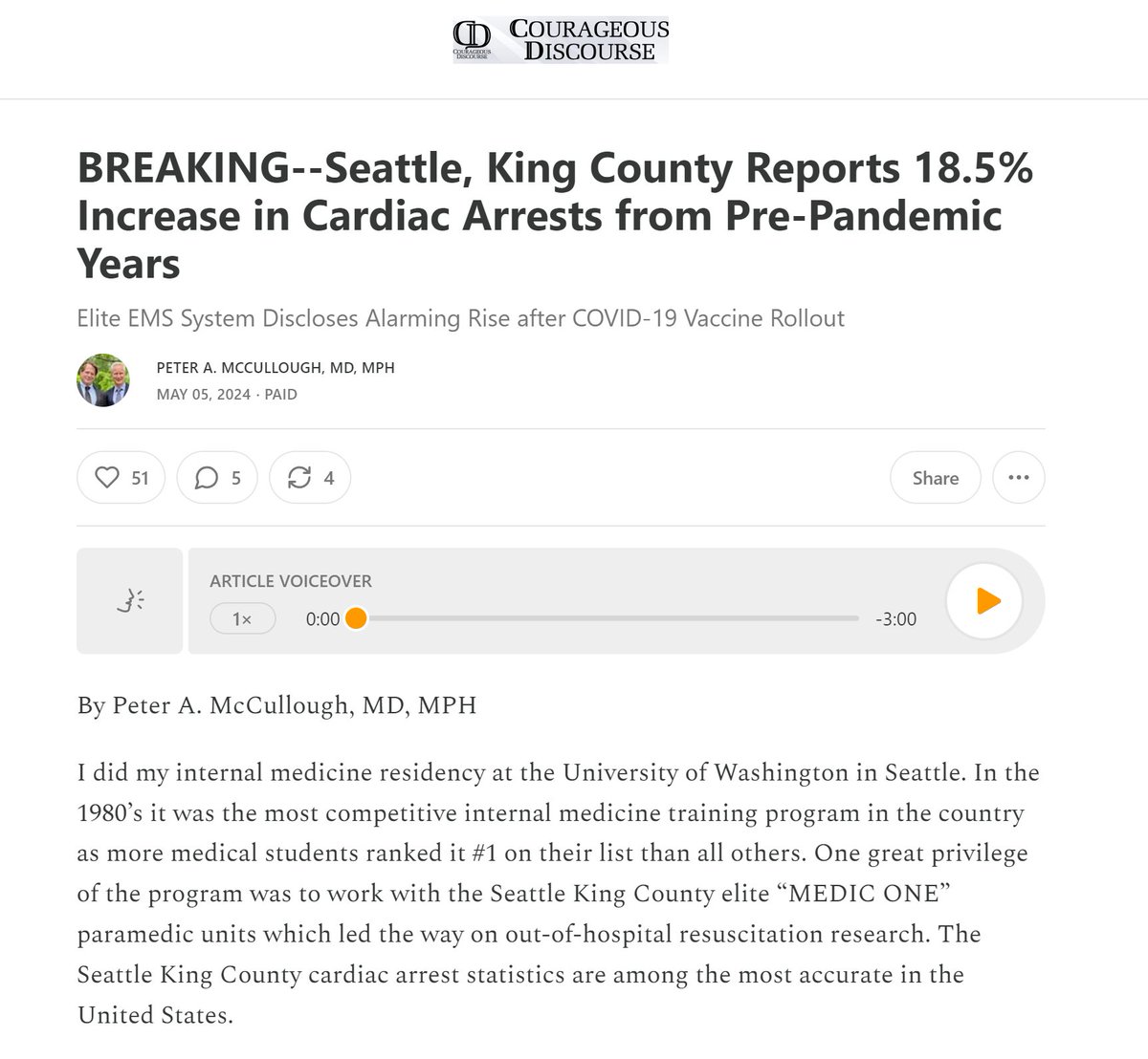 BREAKING--Cardiac arrests up 18.5% in Seattle, King County.  Data come in arrears because of follow-up time.  Heavily vaccinated city has significant rise in cardiac arrests after vaccine rollout.  Sadly only a 16% survival.  Subscribe to Courageous Discourse. @HopiNg66966500…