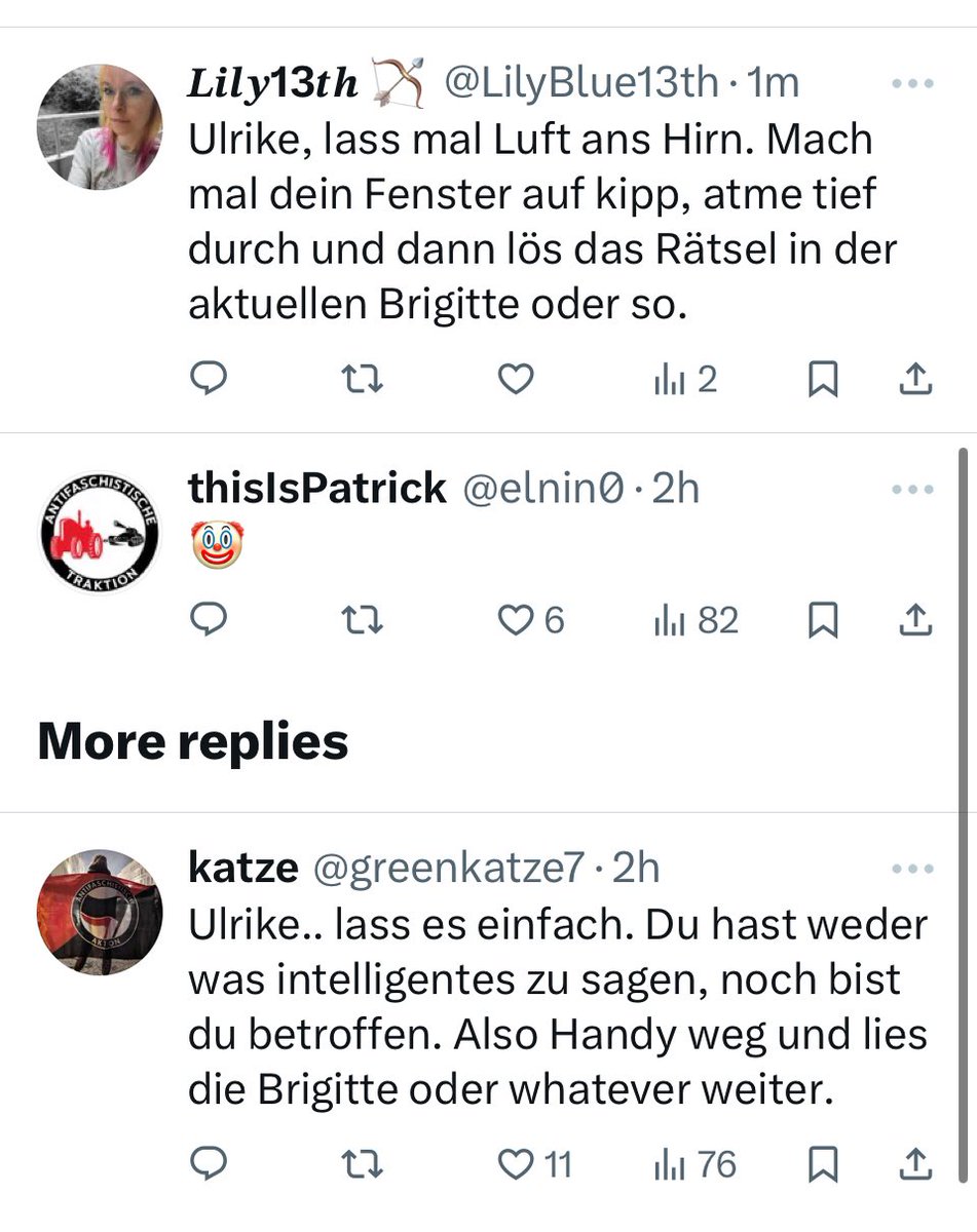 Ist „Brigitte lesen“ jetzt sowas wie „Karen“ in Deutschland? Die Frauenfeindlichkeit trieft nur so aus diesen Replies.
