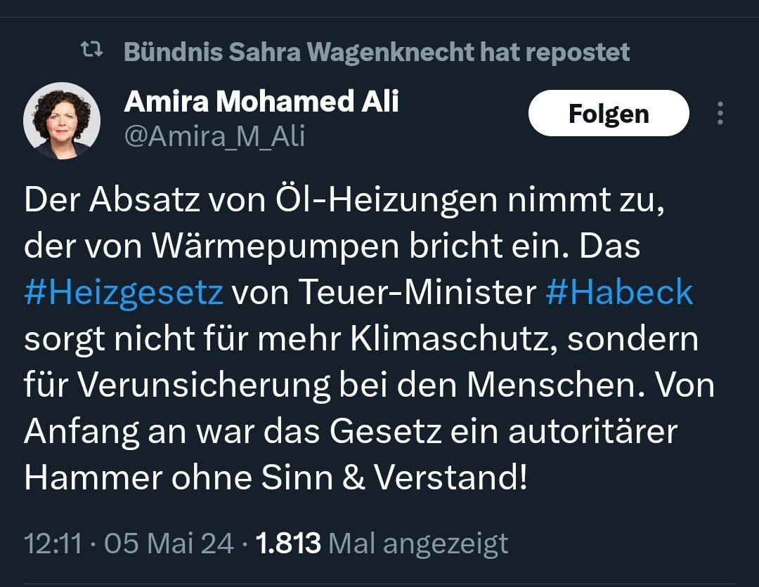 Man mag auf die plumpen AfD-Sprüche des BSW kaum noch sachlich antworten, aber: Nicht das Heizungsgesetz, sondern seine Entschärfung führt zum verstärkten Kauf von Ölheizungen. Die, die das jetzt tun, werden es übrigens in einigen Jahren dank steigenden CO2-Preis bitter bereuen.