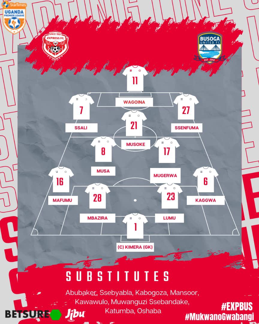 𝗧𝗘𝗔𝗠𝙉𝙀𝙒𝙎 🗞️ 🥅 Kimera starts in between the sticks 💫 Mugerwa and Musa in the midfield 🏹 Wagoina leads the striking line #SULP || #MD26|| #EXPBUS || #MukwanoGwabangi 🔴🦅