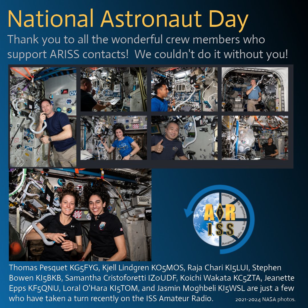 Happy National Astronaut Day!  We can't thank them all but here are just a few of the crew members with recent #HamRadio  contacts from the @Space_Station!

Want to see if your favorite space traveler has their ham license?  Visit our Hams in Space page. 
ariss.org/hams-in-space.…