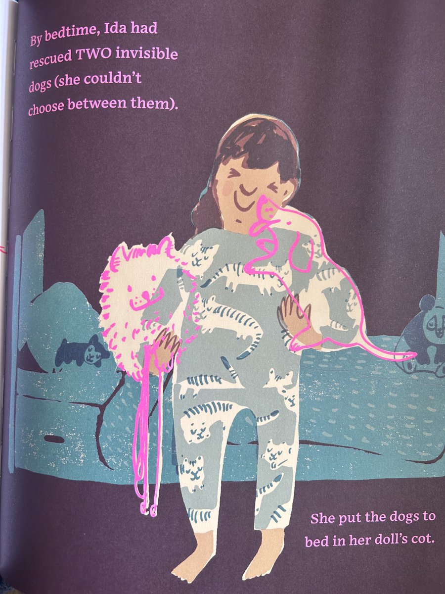 #NewIllustrationoftheDay. Ruby Wright’s prints solve a problem by using a pink outline to depict invisible dogs. From her picturebook about a girl comforted by imaginary canine friends at a new school. Invisible Dogs out 9 May from Rocket Bird Books. @rubywrightlino @books_rocket