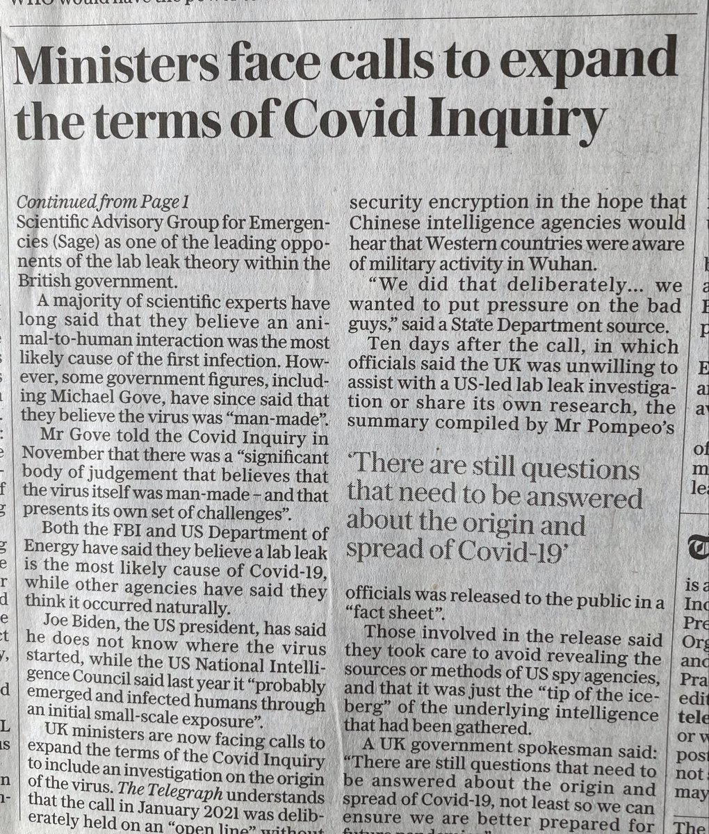 The Covid Inquiry must examine evidence shared with the UK of a China Covid Lab Leak and ask why it was not made public or presented to Parliament. @MPIainDS @mikepompeo @mattwridley @RishiSunak @whazell @CitySamuel Sunday Telegraph: