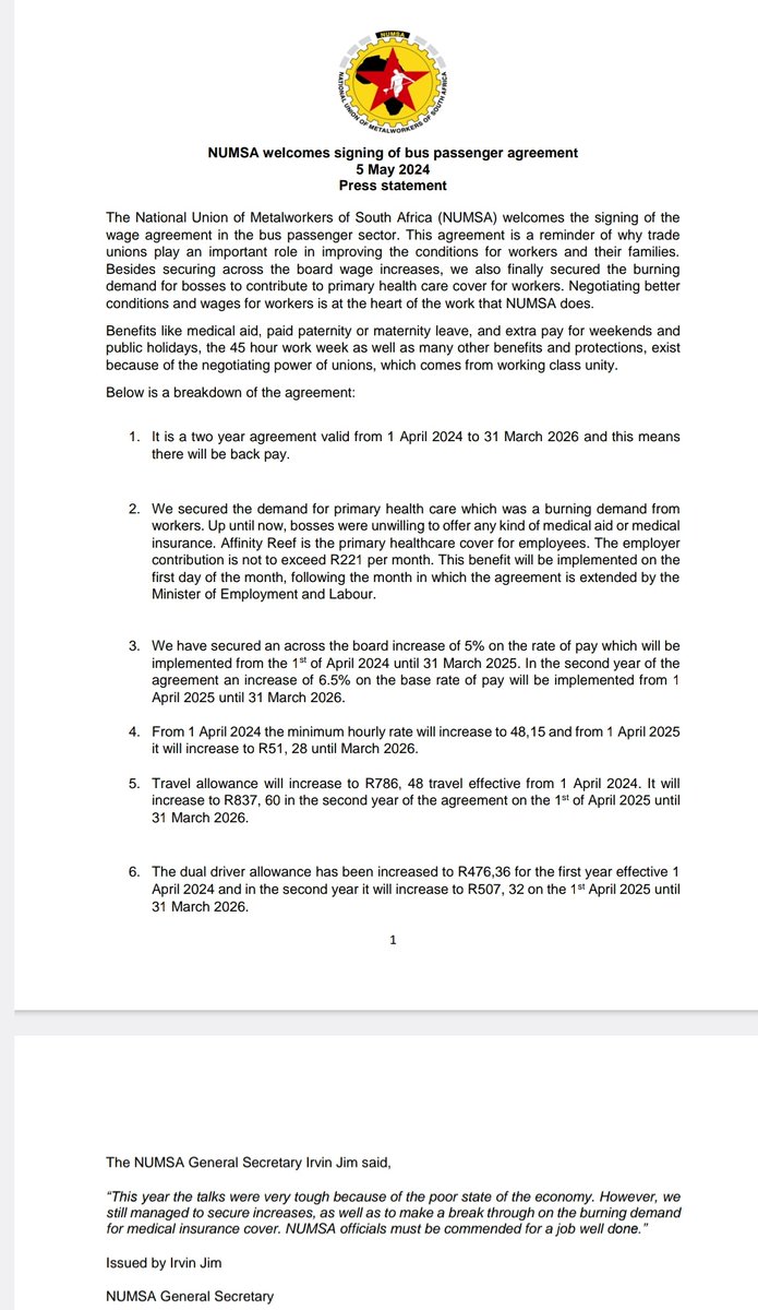 NUMSA welcomes the signing of the Bus Passenger wage agreement. This agreement is a reminder of why trade unions play an important role in improving the conditions for workers and their families. Details below 👇🏾 #ForTheLoveofTheWorkingClass #WorkersPower @IrvinJimSA ❤️🖤💛