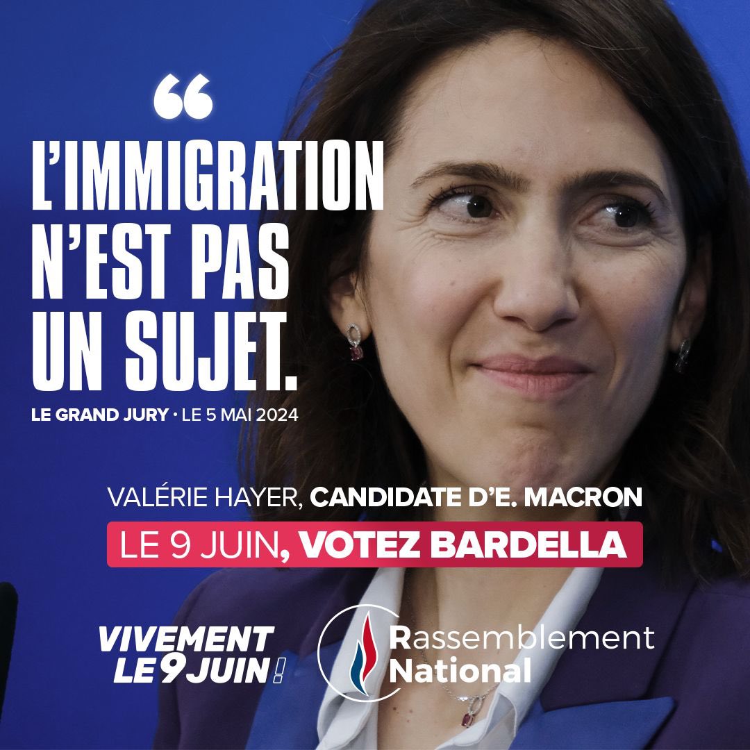 🔵 Pour la candidate d'E. Macron, V. Hayer, l'immigration ne serait pas un problème ! La déconnection et le laxisme de la macronie condamnent les Français à subir insécurité et violence. Le 9 juin, dites stop à la submersion migratoire ! #VivementLe9Juin #LeGrandJury