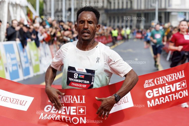 Congratulations 🇪🇷 Eritrea's Kibrom Weldemicael crosses the finish line to win the men's category of the 18th Geneva Marathon, in Geneva, Switzerland, 05 May 2024. EPA- 🏆 🇪🇷 Kibrom 6th 🇪🇷 Petro MAMU @biniamb @GhideonMusa