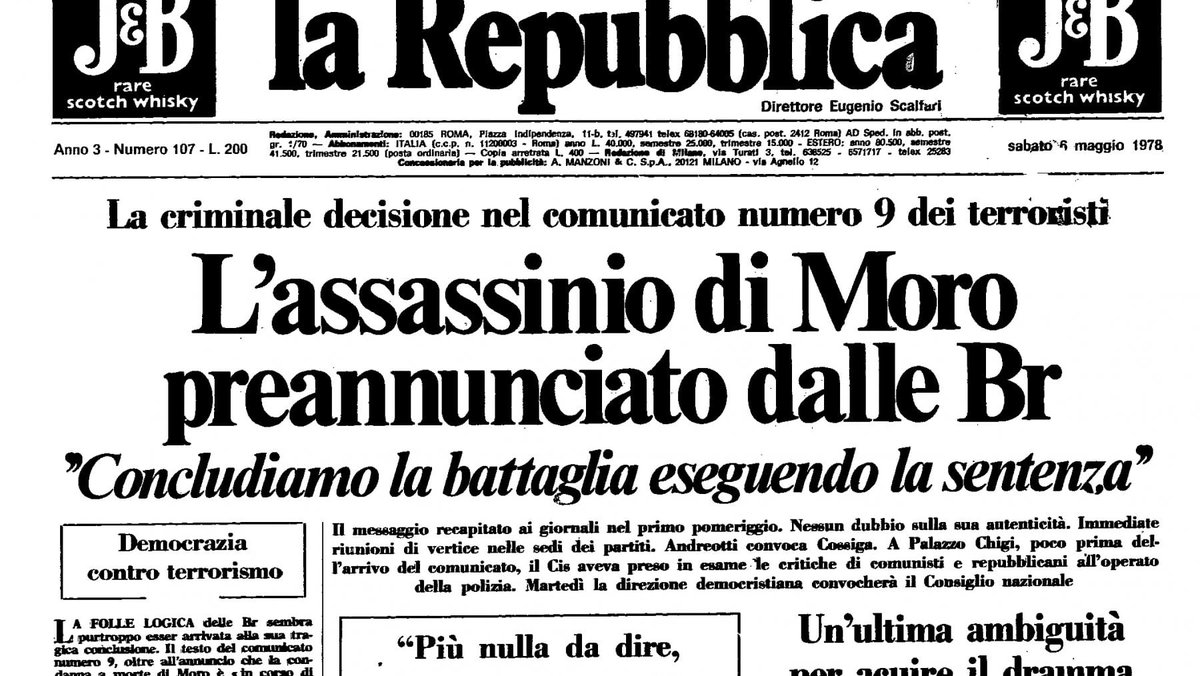 Il #5maggio 1978, al 50° giorno di prigionia, le #BR diffondono il comunicato n. 9, l’ultimo: 'Concludiamo quindi la battaglia iniziata il 16-3, eseguendo la sentenza a cui #AldoMoro è stato condannato.' La salma di Moro sarà ritrovata il 9-5 in una Renault rossa in via Caetani.