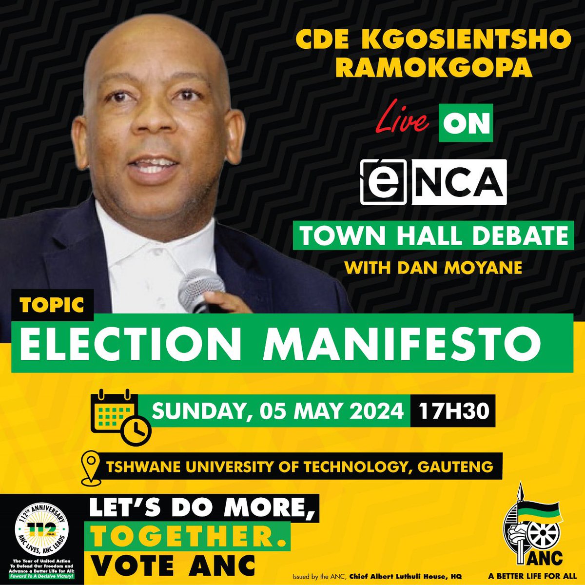 Catch ANC NEC Member, Cde Kgosientsho 'Sputla' Ramokgopa Live on the @eNCA Town Hall Debate with Dan Moyane as he puts forward the #ANCManifesto. #VoteANC2024 #LetsDoMoreTogether