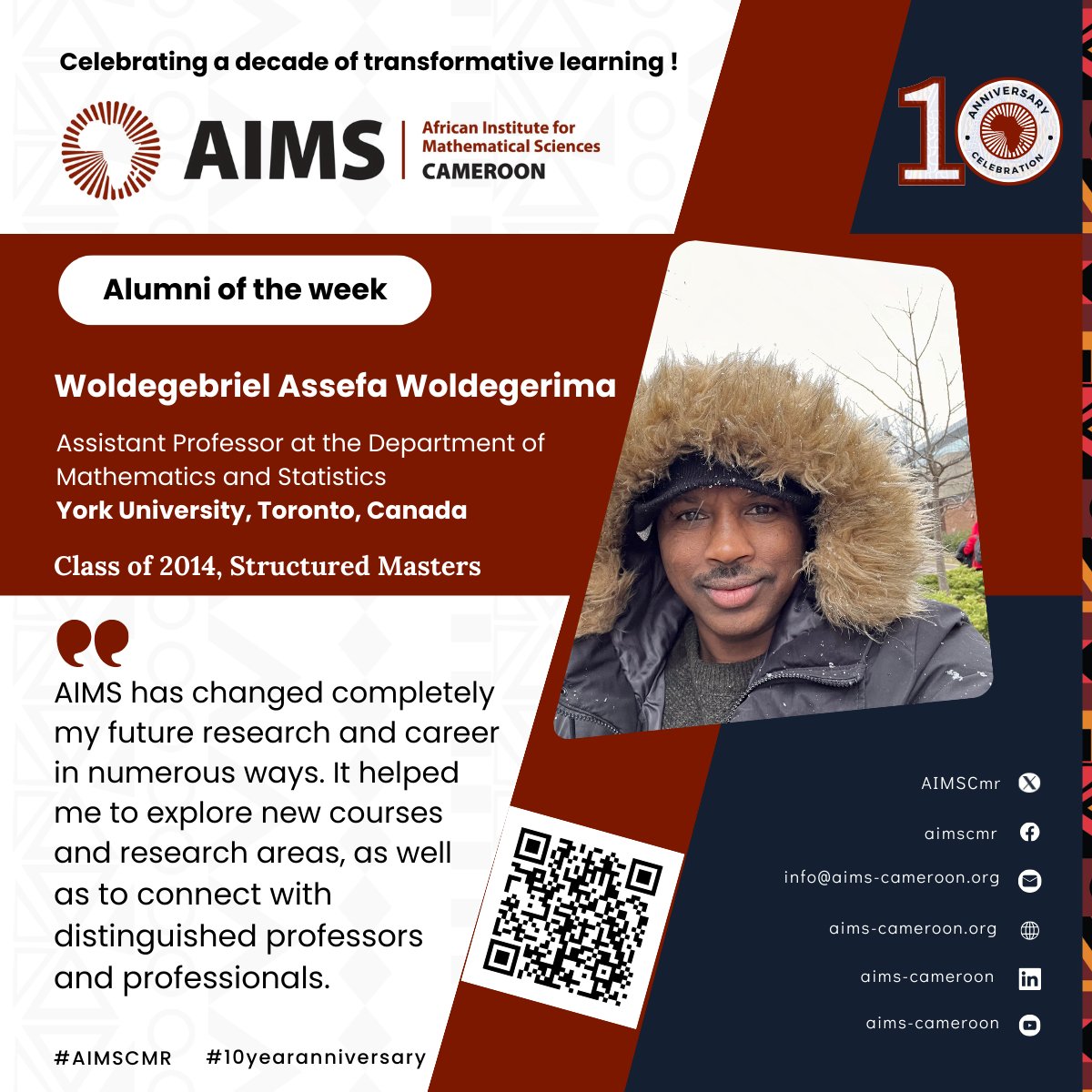 #AIMSCMR #AlumniSpotlight: Meet Dr. Woldegebriel Assefa Woldegerima, Assistant Professor at the Department of Mathematics and Statistics at York University, Toronto, Canada. More on Assefa: aims-cameroon.org/student/dr-wol… #decadeofexcellence #10yearanniversary