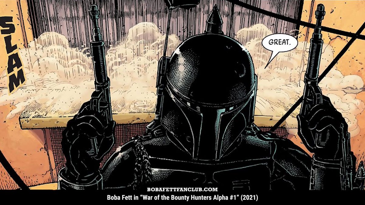 'War of the Bounty Hunters Alpha #1' was published on this day in 2021 featuring #BobaFett temporarily in all-black paint

Panel art by Steve McNiven with color by Laura Martin

#DailyFett (1/2)
