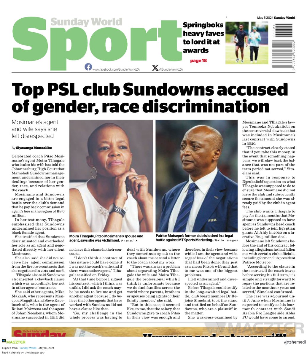 Top PSL club Sundowns accused of Gender, Race discrimination. 

Article by : Sunday World 🌎