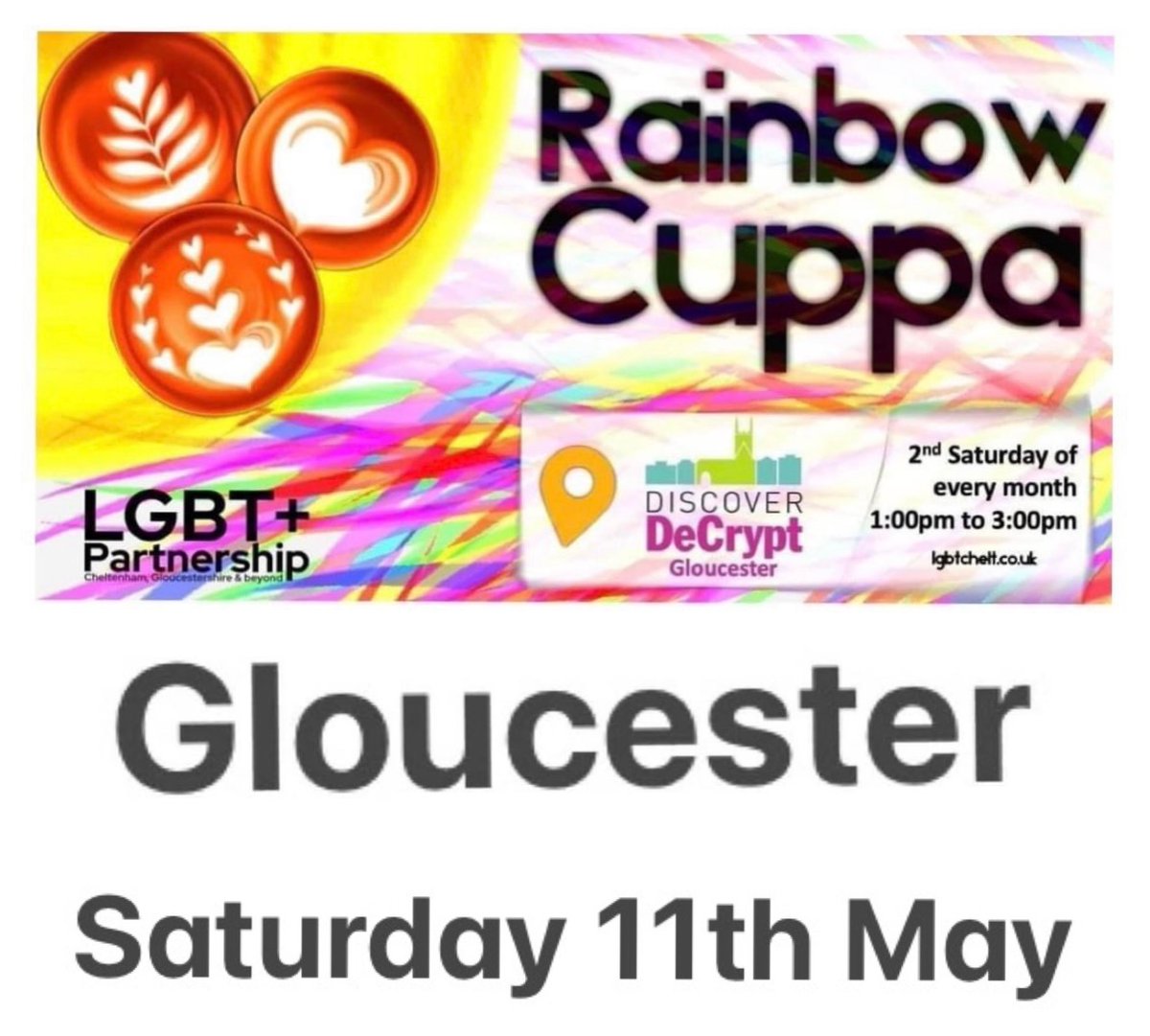 #Gloucester get your diary 🌈 The next Gloucester Rainbow Cuppa will be on the afternoon of EUROVISION FINAL DAY, Saturday May 11th, at the DeCrypt Community Cafe. This is an accessible venue. Come say Hallå, Bonjour and Hello! See you there! 🌈