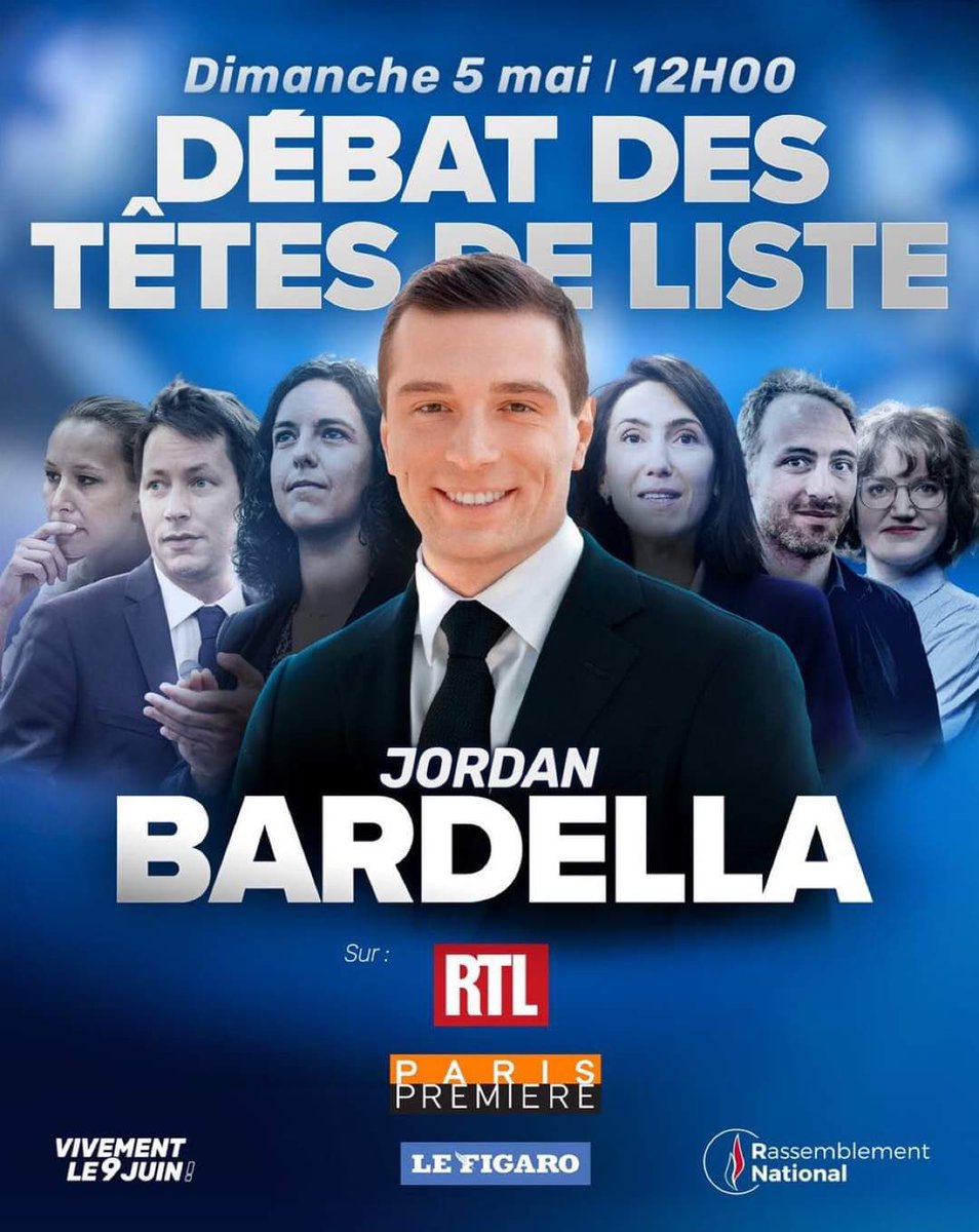 📻 Ce midi, écoutez @J_Bardella en débat avec les têtes de liste aux européennes sur RTL, Le Figaro, Paris Première. #TousAvecBardella ! #VivementLe9Juin !