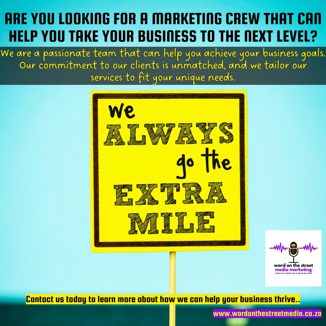 Contact us to learn more about our marketing services that can help you expand your reach and increase your business success. Visit us at wordonthestreetmedia.co.za. #marketing #marketingcrew #themarketingcrew #marketingforbusiness #gotheextramile #wewalkamileinourclientsshoes