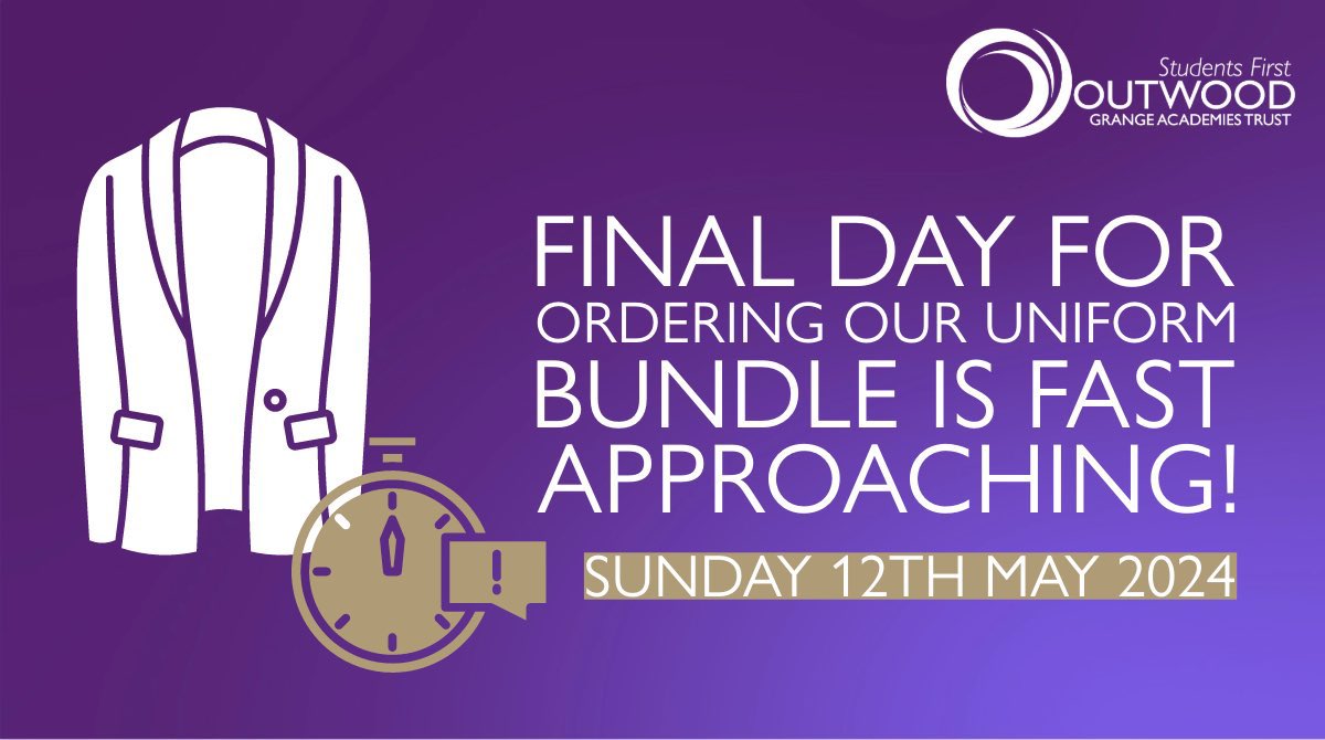 📢 Parents/Carers of Year 7 intake - Sept 2024

The deadline for ordering the #OutwoodFamily💜 @TrutexLtd uniform bundle is fast approaching!

Ordering link below👇🏼
kirkby.outwood.com/posts/8807

⏰ The last day to order is Sunday 12th May!