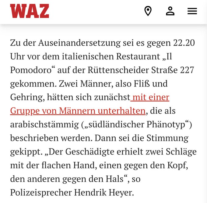 Hat man eigentlich von Frau Faeser, den Grünen und sonstigen Warnern schon etwas dazu gehört, dass der Angriff auf einen Grünen-Politiker in Essen wohl durch Araber verübt wurde? Natürlich wurde auch in diesem Fall zunächst zumindest konkludent der AfD die Schuld zugeschrieben.