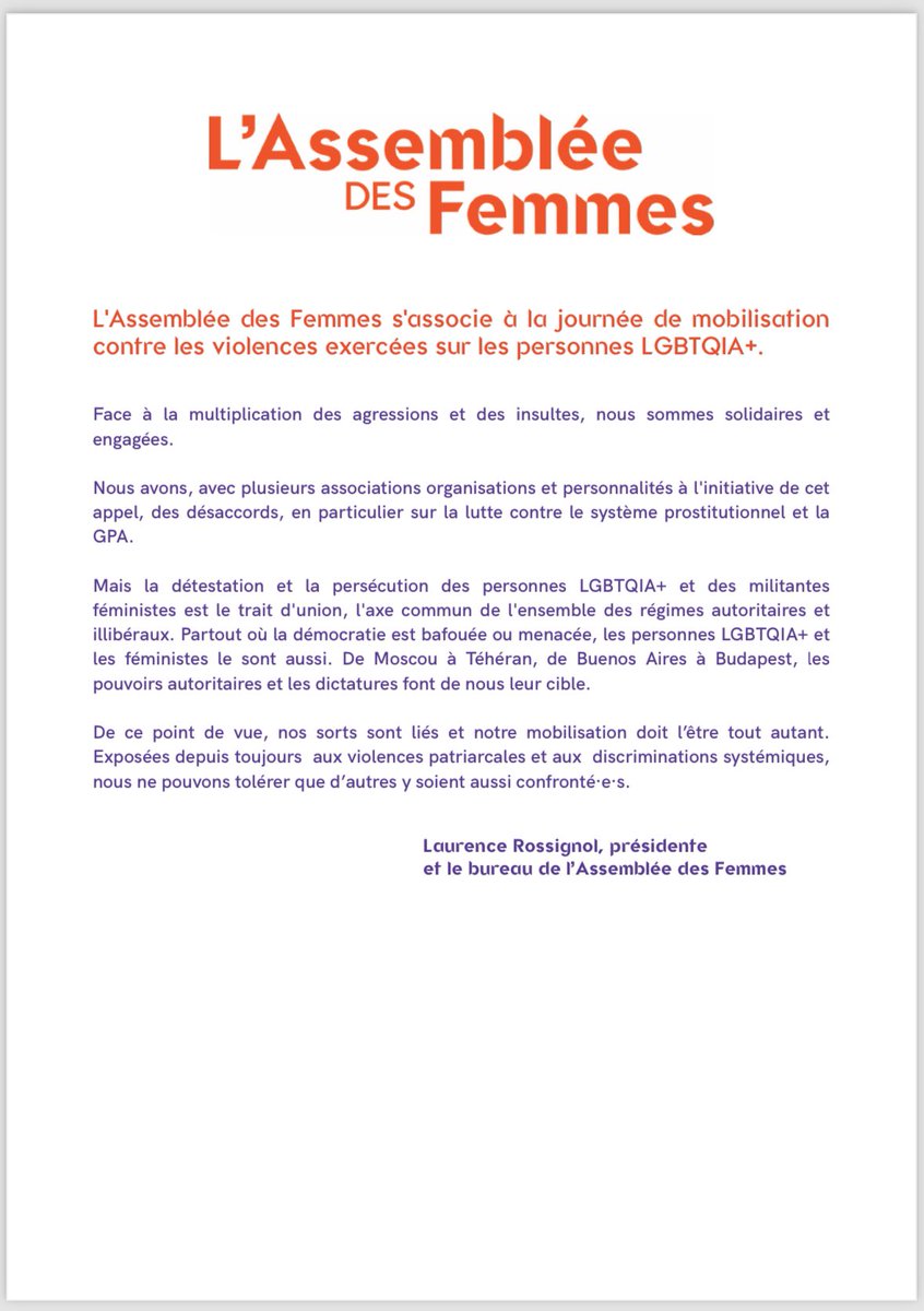L’Assemblée des Femmes par la voix de sa présidente @laurossignol s’associe à la journée de mobilisation contre les violences exercées sur les personnes #LGBTQIA. Notre communiqué.