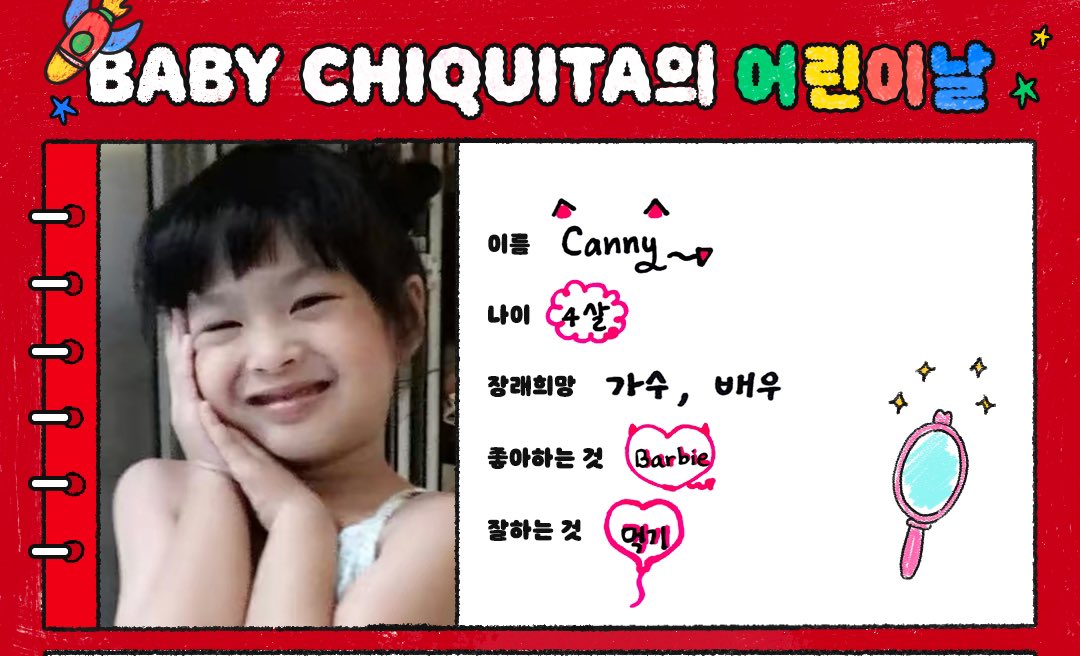 แปลข้อความ BABY #CHIQUITA 

ชื่อ: แคนนี่(canny)
อายุ: 4 ปี 
ความฝัน : นักร้องและนักแสดง
สิ่งที่ชอบที่สุด:  บาร์บี้
สิ่งที่ทำได้ดี : กิน

#치키타 #BABYMONSTER