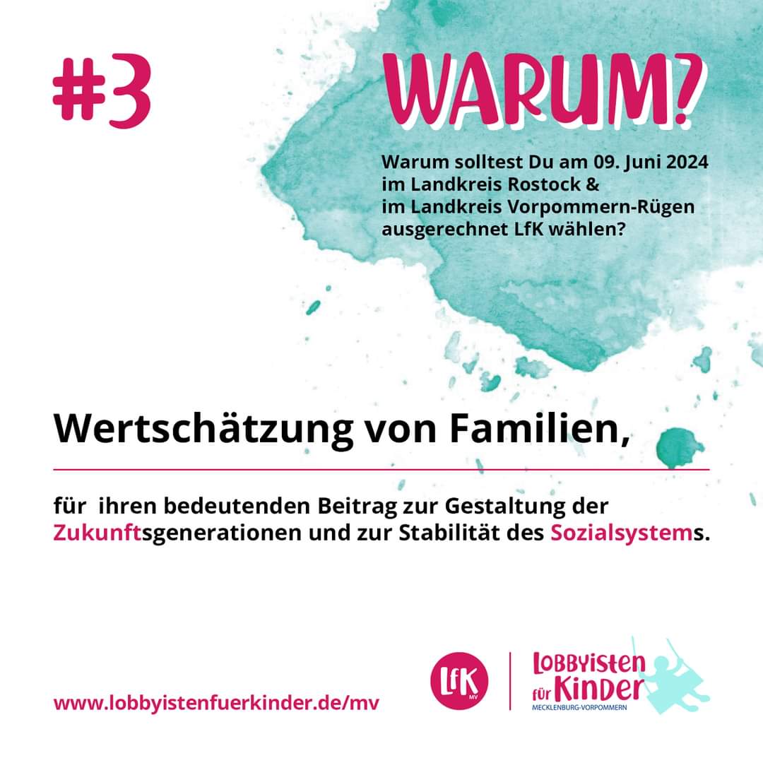 👉 #3 Wertschätzung von Familien 

✅ Familien leisten einen bed. Beitrag in unserer Gesellschaft. Die Politik muss dies nicht nur in leeren Worthülsen anerkennen, sondern auch Taten folgen lassen. Hier wollen wir ansetzen.

#mv #mecklenburgvorpommern #kommunalwahl2024 #kreistag