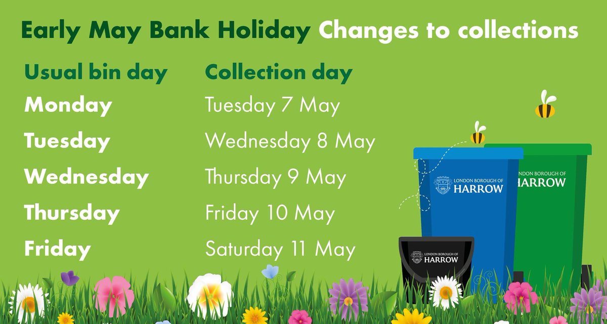 A quick reminder of bin collections this week. Collections take place a day later than usual due to the bank holiday. No collections tomorrow (Monday 6 May)