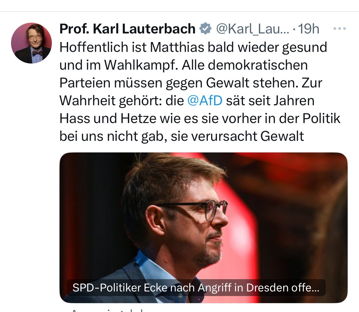 Taschentücher für @Karl_Lauterbach : Seit zehn Jahren säen Leute wie Lauterbach Hass gegen den politischen Mitbewerber. Ein Hass, der vielfach zu Gewalt und Einschüchterung führt. Diese Täter-Opfer-Umkehr ist lächerlich! alexander-wallasch.de/politik/angrif…
