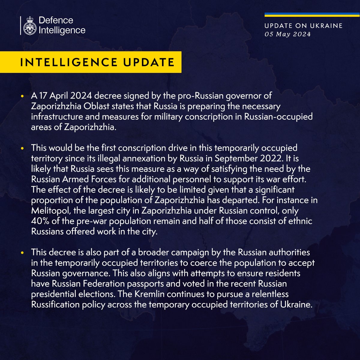 Latest Defence Intelligence update on the situation in Ukraine – 05 May 2024. Find out more about Defence Intelligence's use of language: ow.ly/z5Bq50RwAgB #StandWithUkraine 🇺🇦