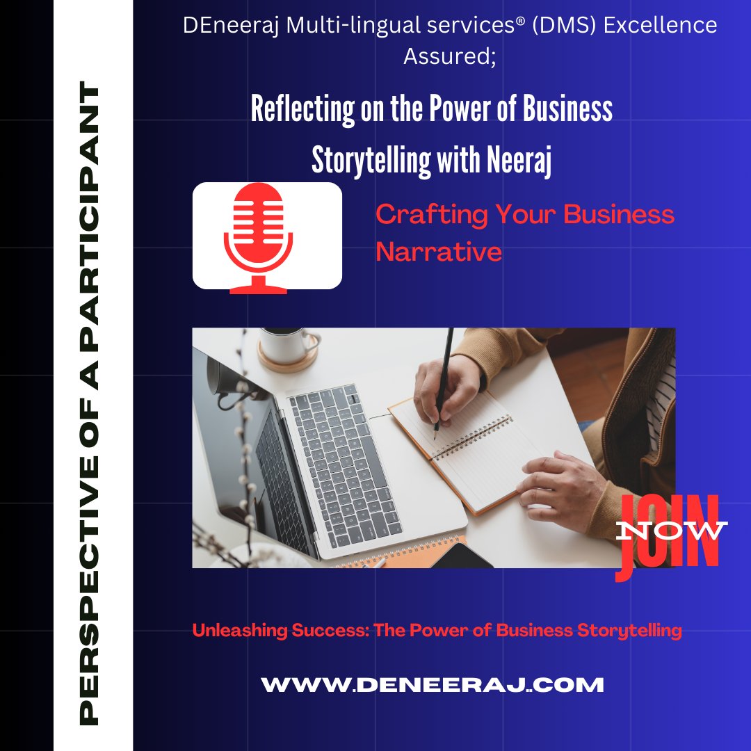 Neeraj from DeNeeraj Multi-lingual Services® (DMS) - Excellence Assured. Enhance your communication skills and help yourself Thank you for your interest! #CommunicationSkills #BusinessStorytelling #ProfessionalDevelopment #ExcellenceAssured' #DEneeraj