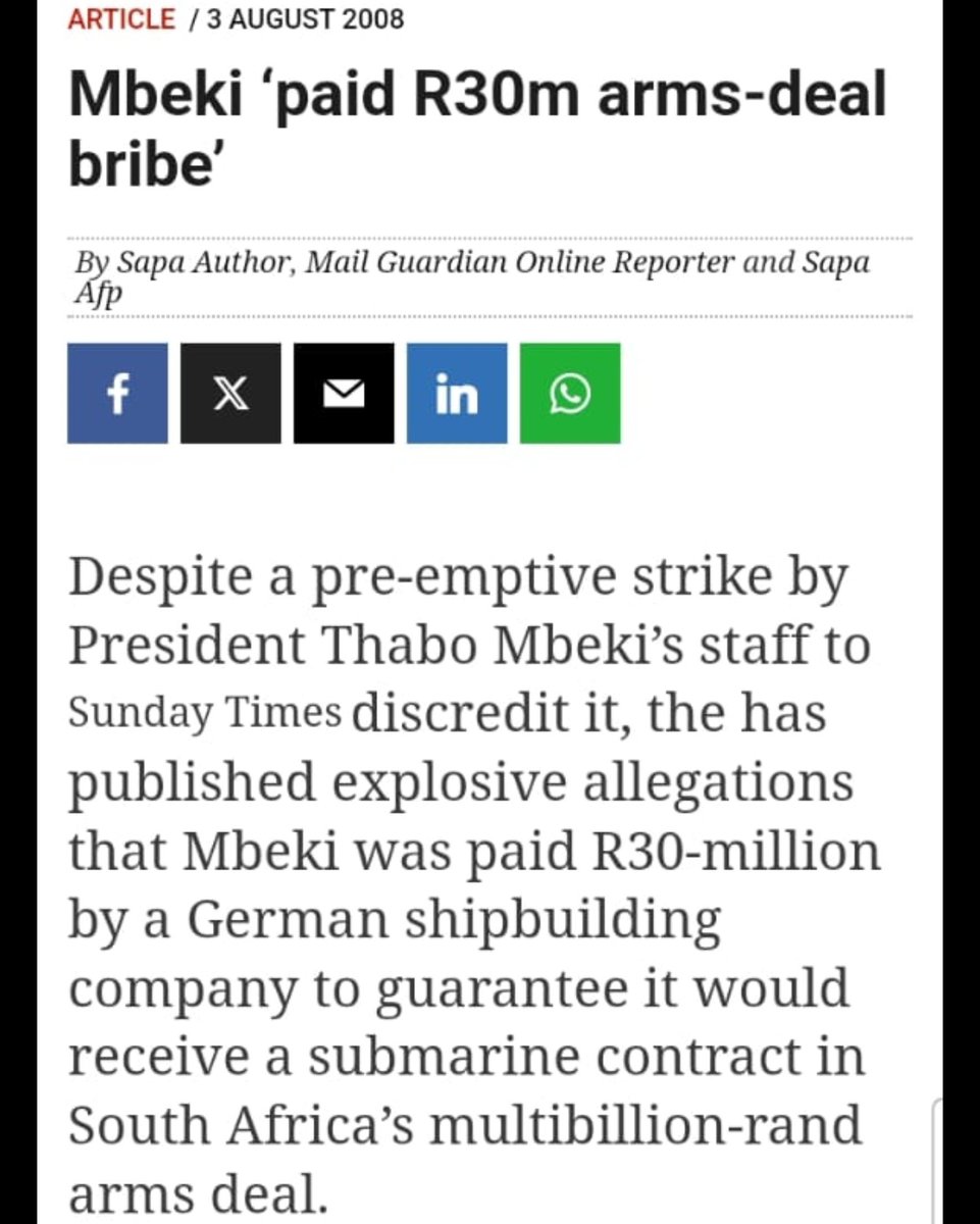 ANC of Ramaphosa tolerate CORRUPTION from all angles...

#CR17BankStatements 
#PhalaPhalaFarmGate 

Thabo Mbeki as Chairman of Arms Deal Committee was paid R390 million BRIBE by a German Shipping Company to win a tender in the Multi Billion Arms Deal.

#VoteMK2024 #VoteMK29May