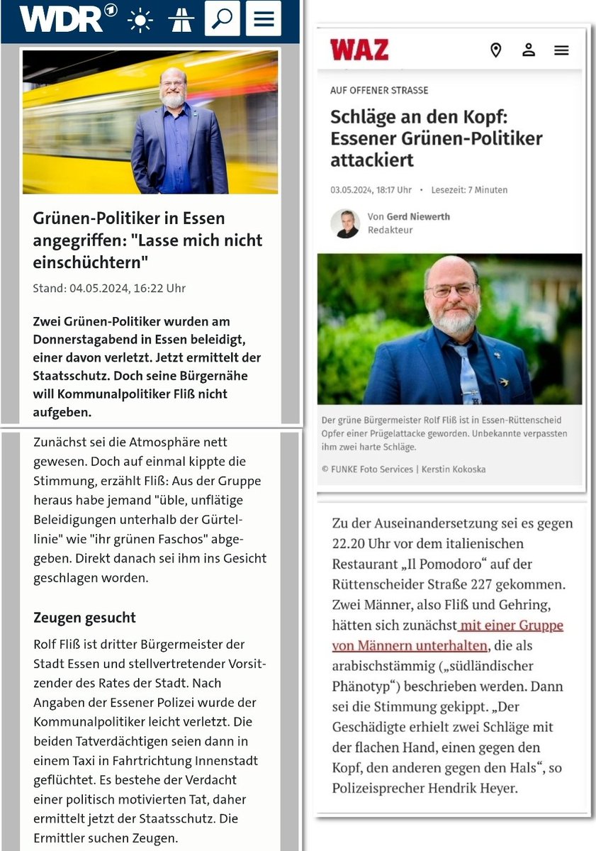 Der WDR berichtet über den Angriff auf den Grünen Politiker Rolf Fliß in Essen. Dass er von arabischstämmigen Jugendlichen angegriffen worden sein soll, wird nicht erwähnt. #ReformOerr #OerrBlog