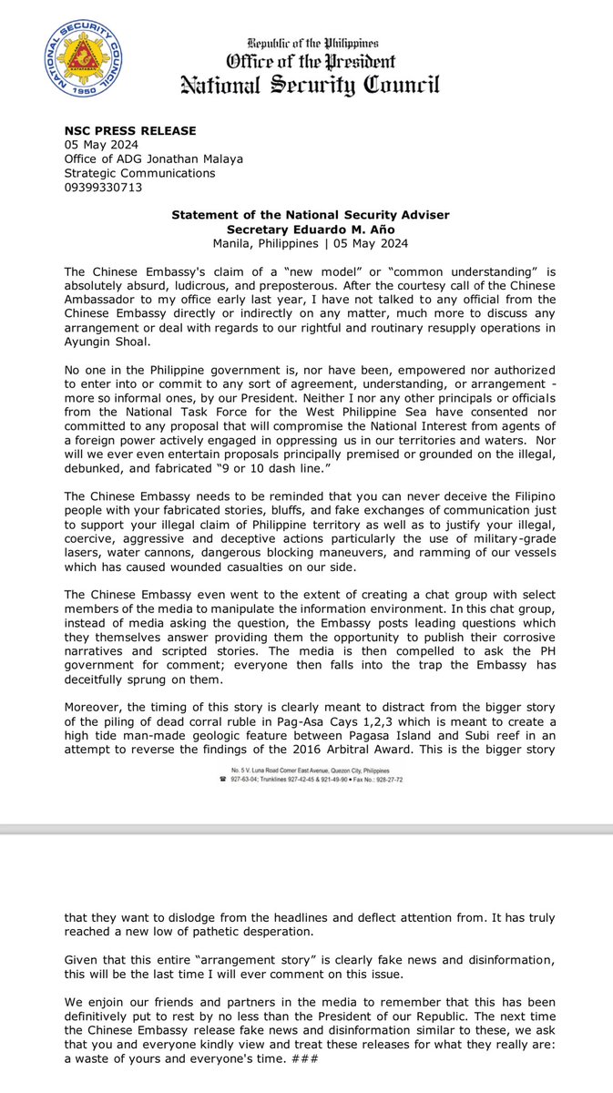 Statement of the National Security Adviser Secretary Eduardo M. Año Manila, Philippines | 05 May 2024 The Chinese Embassy's claim of a “new model” or “common understanding” is absolutely absurd, ludicrous, and preposterous. After the courtesy call of the Chinese Ambassador to my…