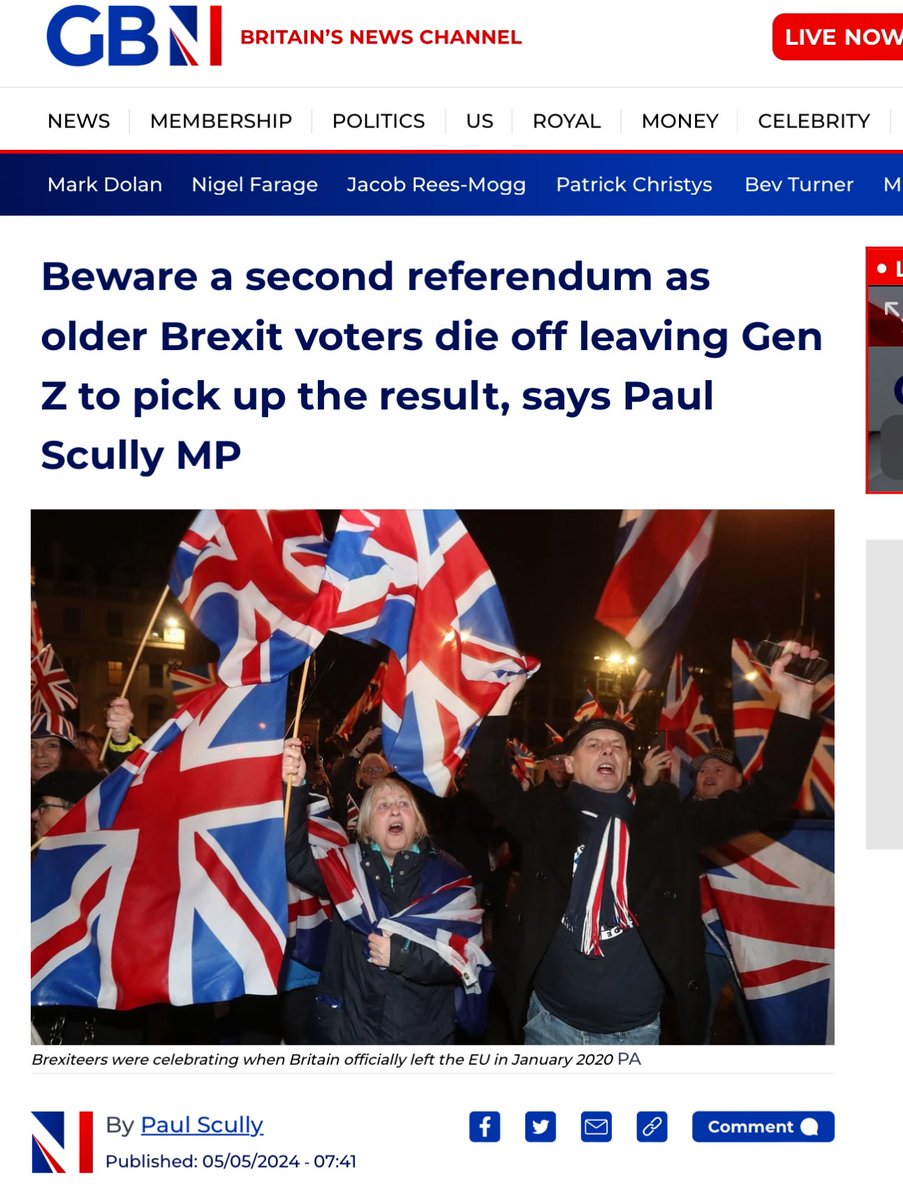 So now the Tories are reduced to telling older Brexit voters not to die off to save Brexit, despite the fact the NHS is unable to save so many lives these days thanks to Tory rule and Brexit. archive.ph/2024.05.05-070…