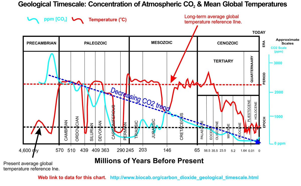 Carbon dioxide has been in long-term decline for 146 million years. It was 1,000ppm in the time of the dinosaurs and this trajectory continued through the Cenezoic (Age of Mammals). By the end of the last glaciation, CO2 was at a critical level of 180ppm. Plants die at 155ppm.