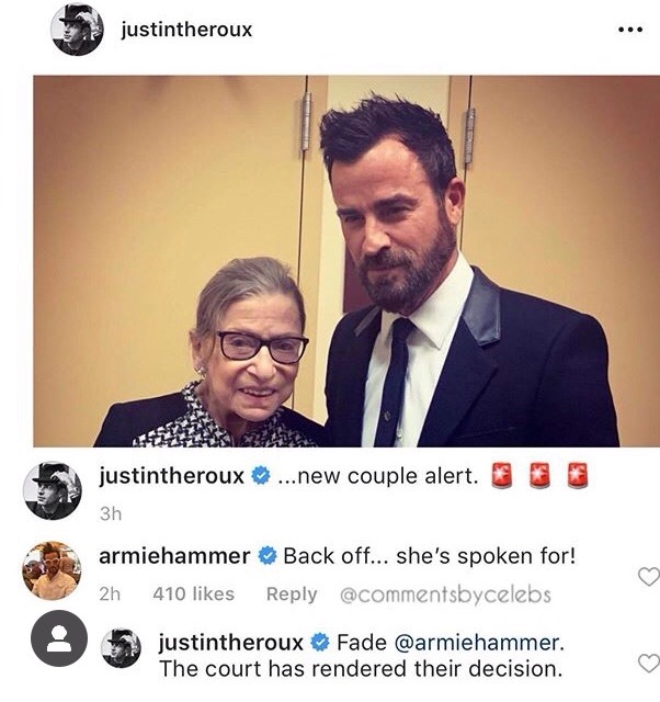 😁😏
See the different. 
This is iconic! Armie with RGB! ❤
You can contest it, Justin, but we already know who is RBG’s favourite  😏
#ArmieHammer 
#Justintheroux 
#Onthebasisofsex