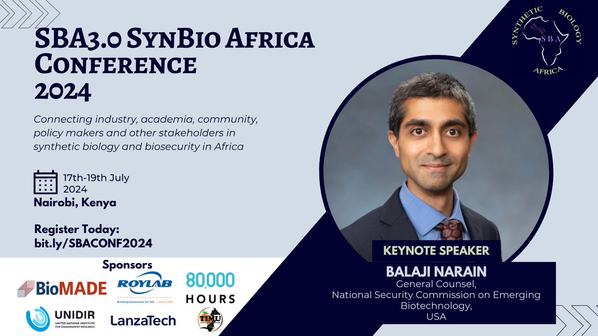 The US National Security Commission on Emerging Biotechnology, @biotech_gov is sending a high-level representative to give a #keynote talk and have several #bilateral #meetings at the upcoming @SynBioAfrica's International #Synthetic #Biology, #Biosecurity and #AI #Conference in…