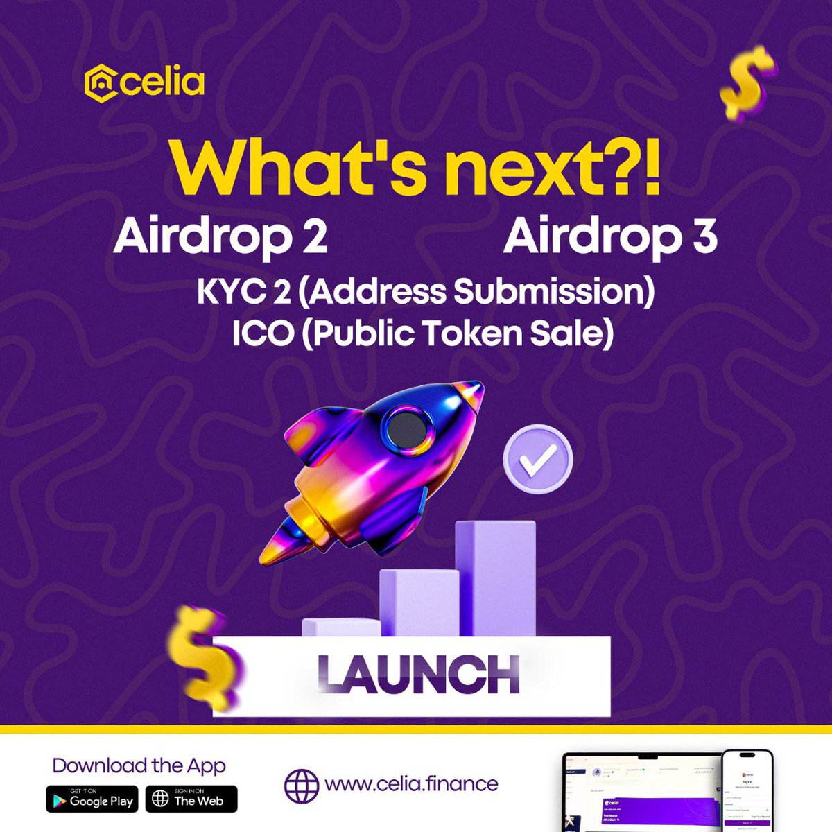 The Celia Roadmap remains unchanged
What’s next?! 🤔
1️⃣ Airdrop 2
2️⃣ Airdrop 3
3️⃣ KYC 2 (Address Submission)
4️⃣ ICO (Public Token Sale)
5️⃣ Launch