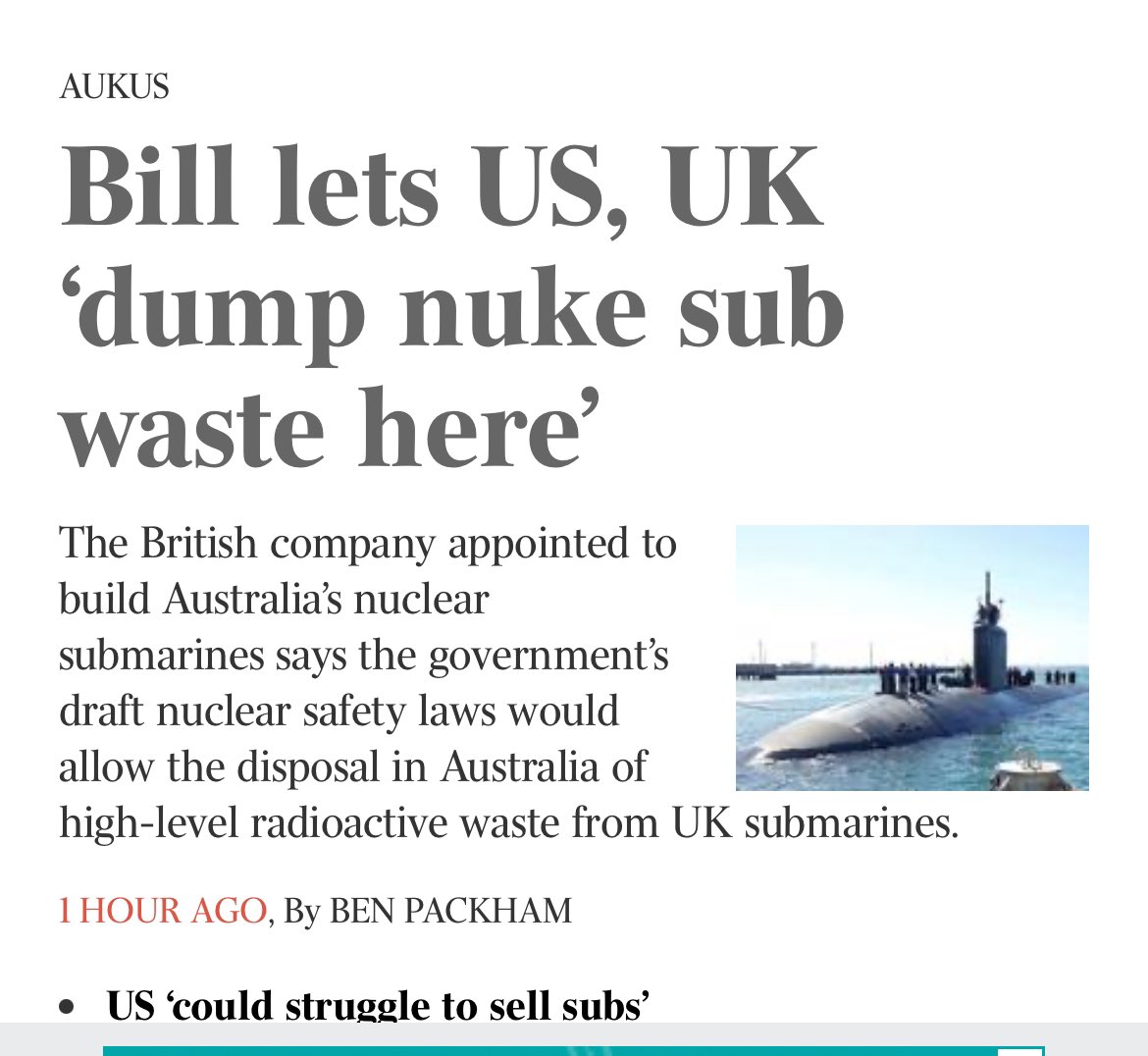 The UK’s most toxic nuclear waste is potentially on its way to Australia courtesy of a dangerous law being
pushed by the Albanese Labor government.

Who says this? UK arms manufacturer BAE that has been contracted to build AUKUS nuclear subs ☢️