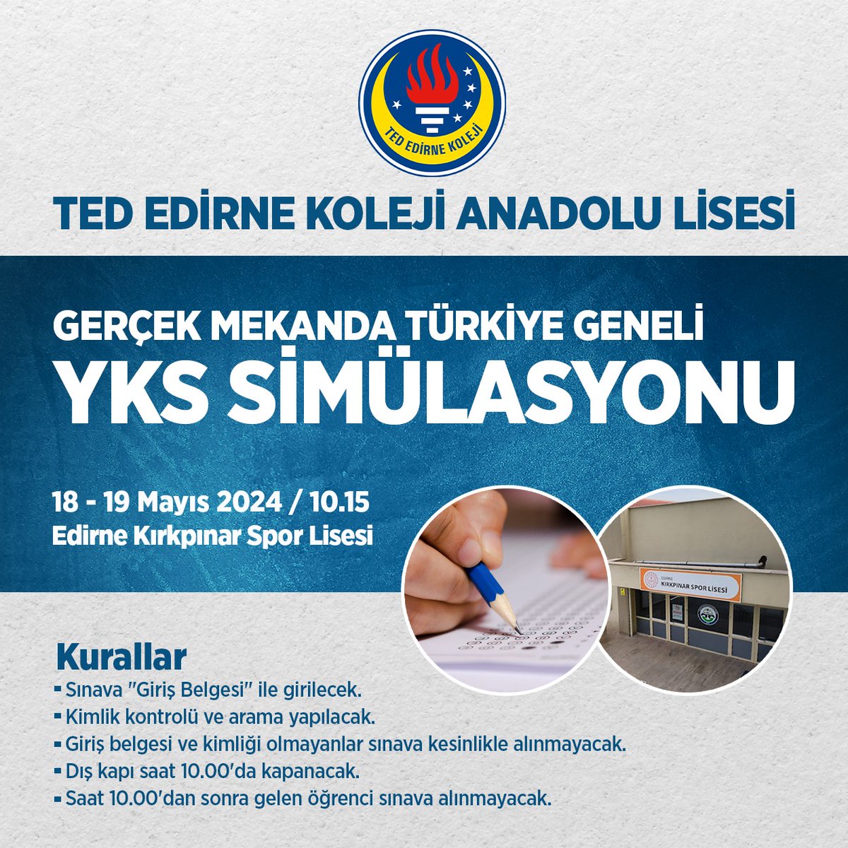 #YKS yaklaşırken hazırlıklarımız tüm hızıyla devam ediyor. 12 sınıf öğrencilerimizle 18-19 Mayıs tarihlerinde gerçek mekanda Türkiye geneli YKS simülasyonu için Edirne Kırkpınar Spor Lisesinde olacağız. Şimdiden öğrencilerimize başarılar diliyoruz. #TEDEdirneKoleji