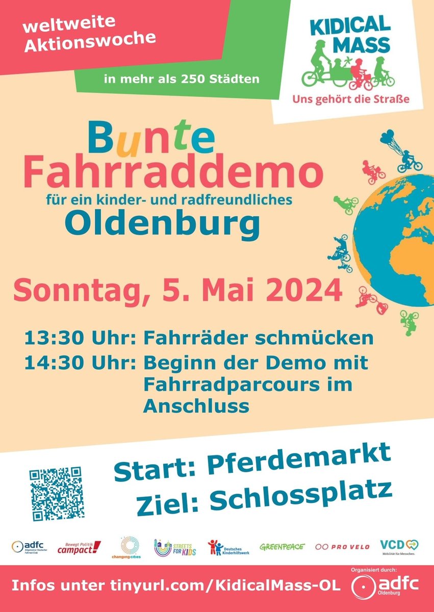 Kidical Mass! in #Oldenburg 
13:30 werden am Pferdemarkt die Räder geschmückt 14:30 Start
Ziel ist der Schlossplatz. 

#kidicalmass #kinderaufsrad