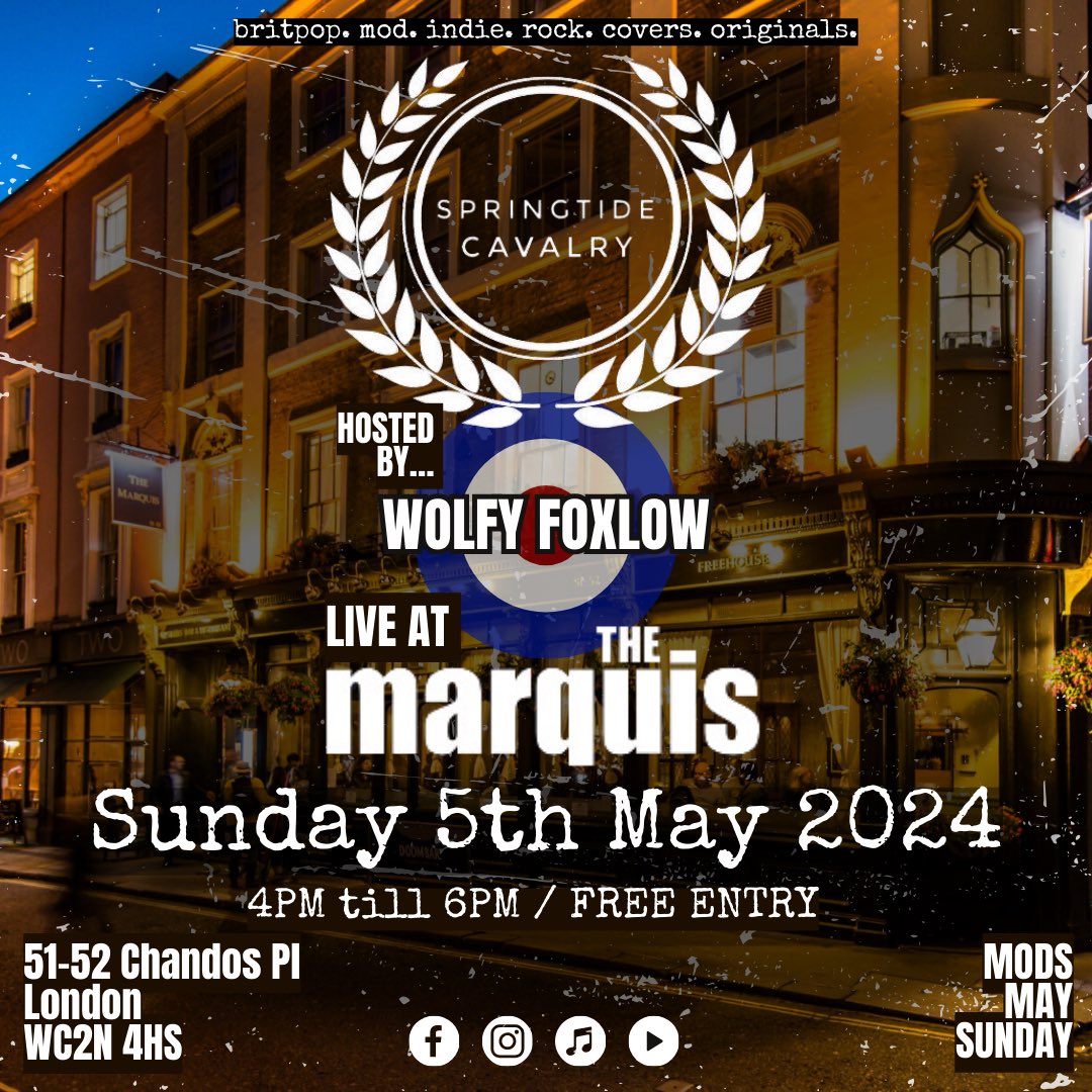 TODAY / BANK HOLIDAY / MODS MAY SUNDAY 🔴⚪️🔵

@TheMarquisCG 4pm till 6pm💥

Hosted by Wolfy Foxlow 🔴⚪️🔵

FREE ENTRY 💥

Vinyl Spun Before and After 🎶

#britpop #mod #mods #scooters #vespa #lambretta #royalalloy #oasis #oceancolourscene #paulweller #theverve #stax #soul