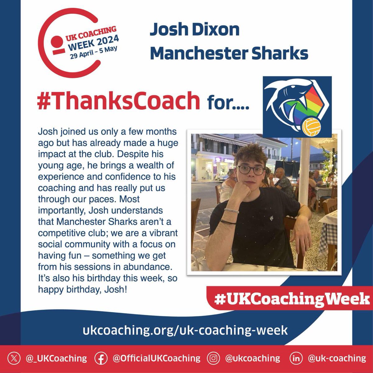 It’s #UKCoachingWeek and we’re celebrating some of the fantastic coaches who support LGBTQ+ community sport in England & Wales Next up is Josh Dixon from @McrSharks 🙌🏳️‍🌈🏳️‍⚧️ #ThanksCoach