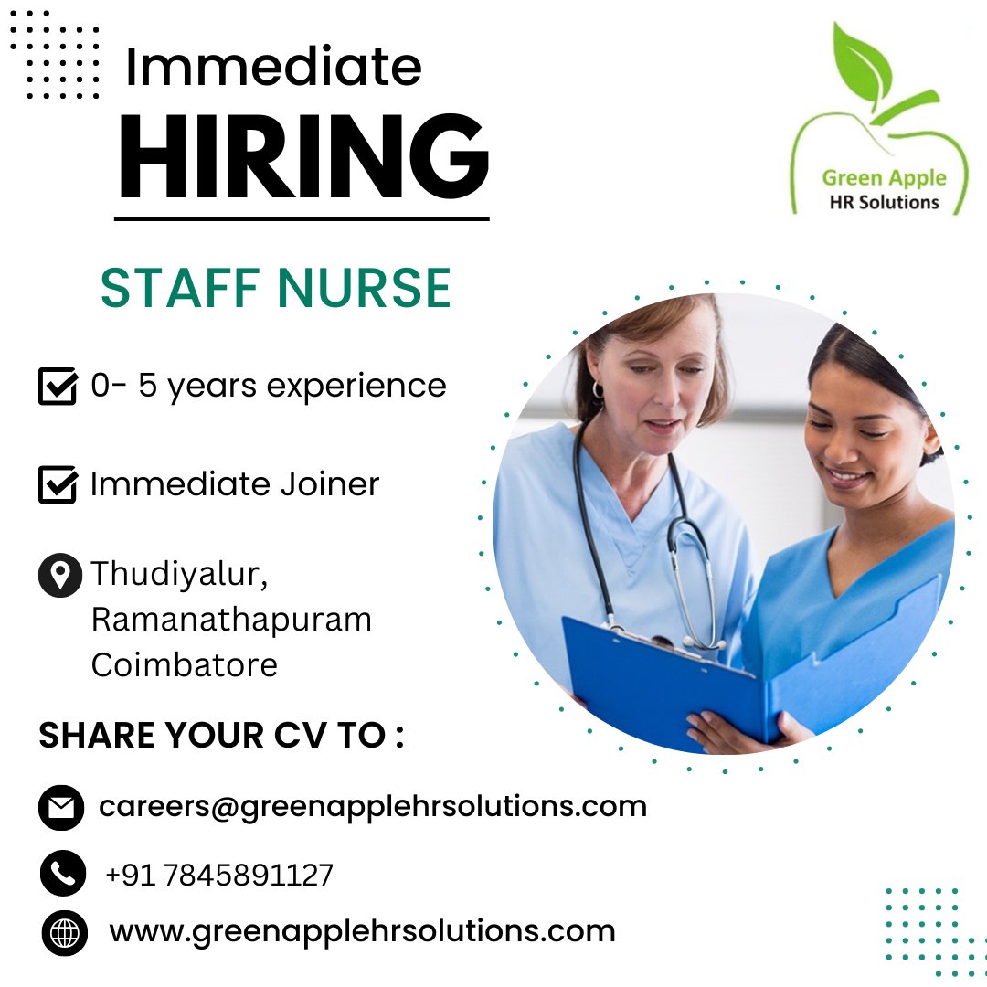 'We are looking for 'STAFF NURSE' with 0-5 years experience'

Benefits:
Free food and Accomodation

Interested Candidates can share your profile to careers@greenapplehrsolutions.com or Reach @7845891127
#greenapplehrsolutions #recruitmentagency #hiring #jobs2024 #medicaljobs