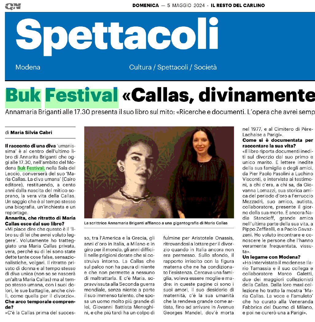 Modena, arrivo.
Una bellissima intervista su Il Resto del Carlino per il mio ritorno al @BukFestival 
Vi aspetto!
#mariacallas #ladivaumana #booktour #mustread