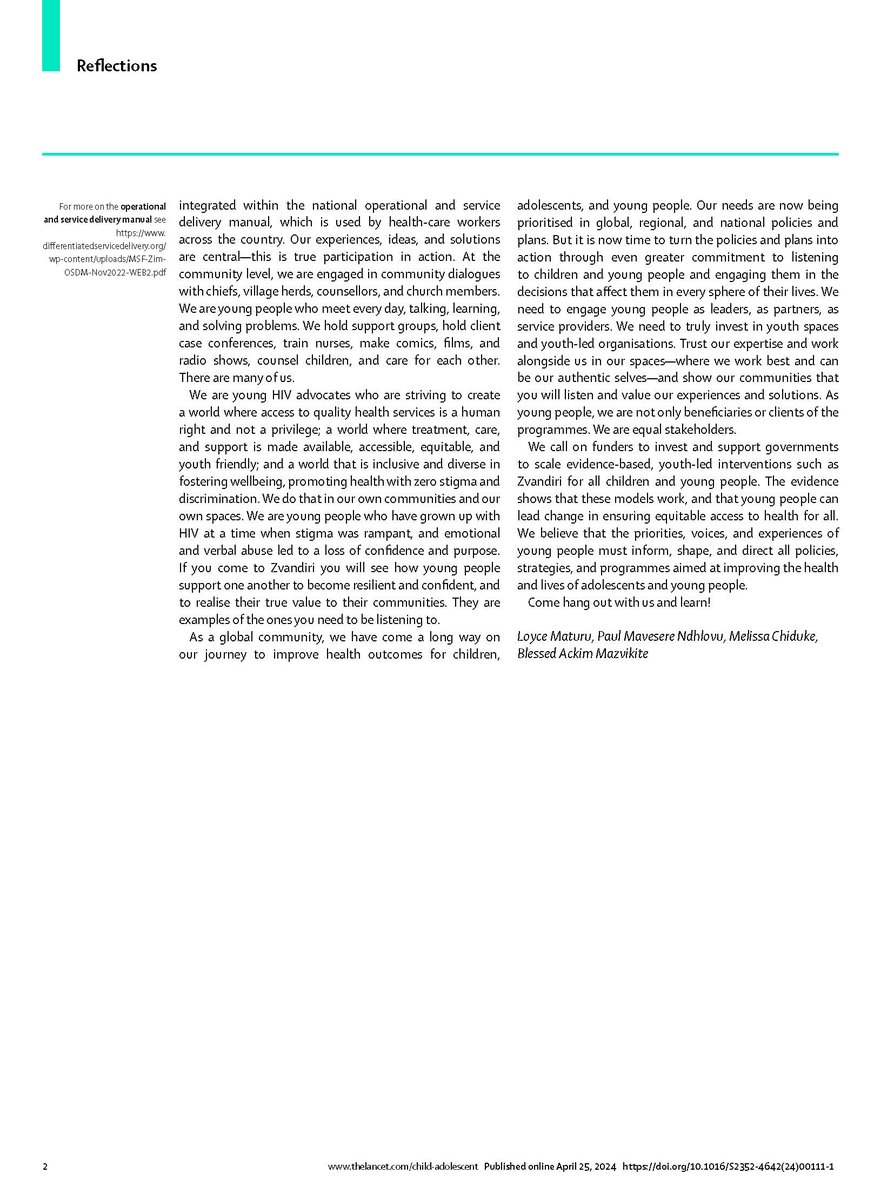 Please read this important essay titled 'Come and Learn' in @LancetChildAdol by @Zvandiri Youth Advocates, based in #Zimbabwe 'As young people... If you want to really hear and understand us—all of us in our diversity—then why don’t you come to our spaces to listen and learn?'