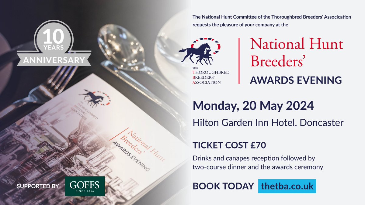 🍷Just over two weeks to go before the TBA NH Breeders’ Awards Evening, kindly supported by @GoffsUK on Monday, 20 May. ⏰6:45pm drinks reception & dinner 💫Nominees announced 🏆presentation of awards To book your ticket, visit ➡️shorturl.at/cHJ27