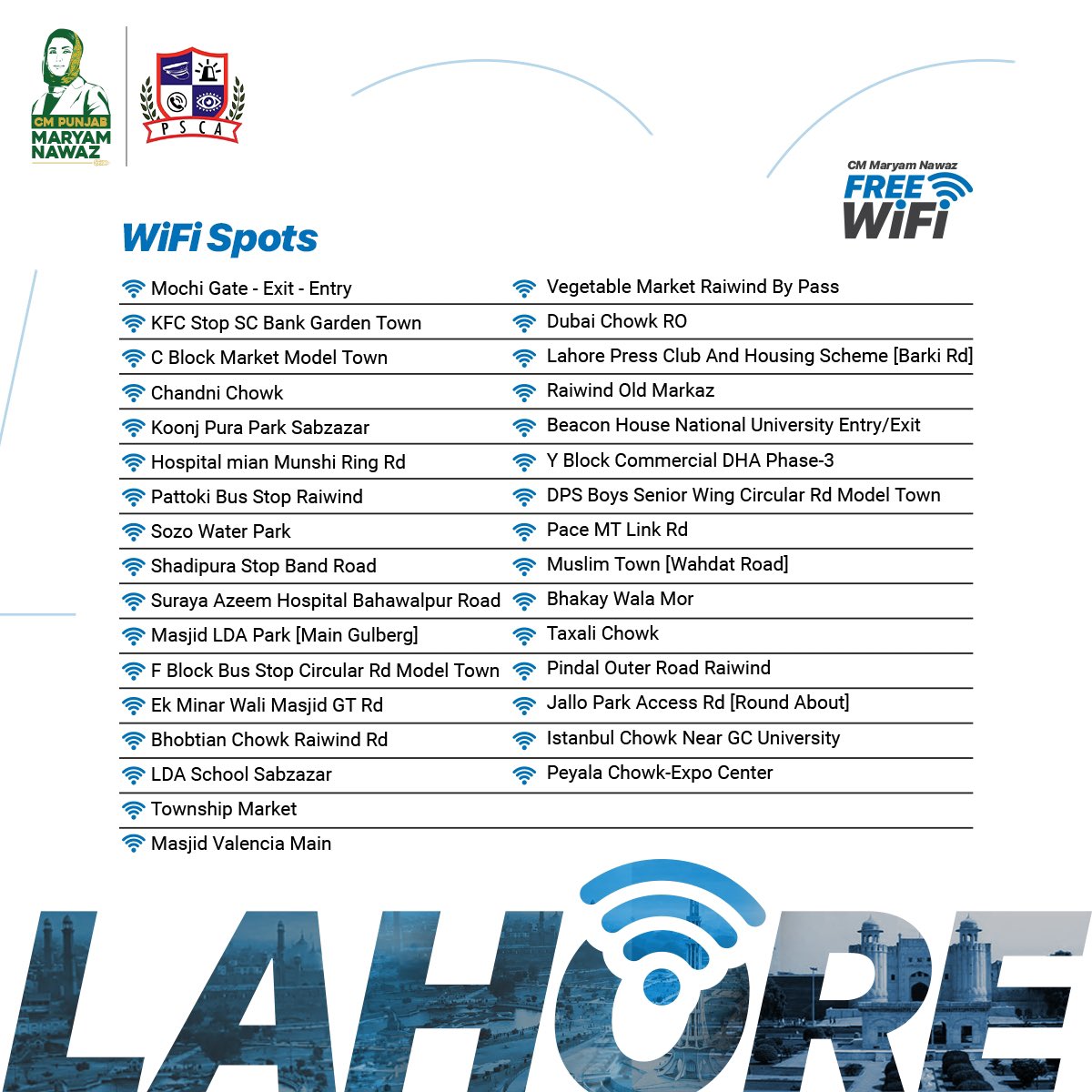 CM Maryam Nawaz Sharif promised free wifi and she delivered. Here is a list of 100 free wifi spots in Lahore!