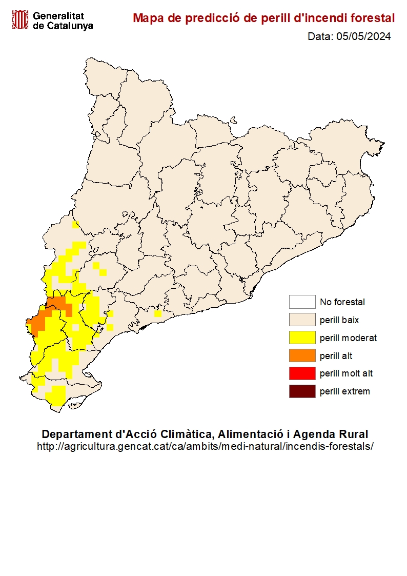 Mapa de predicció de perill d'incendi forestal 05/05/2024