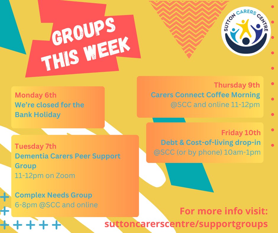 We're closed on Monday, but open again for our weekly #DementiaCarers and Complex Needs #SupportGroups. On Thursday you can socialise with other #unpaidCarers at #CarersConnect, and if you're struggling with bills or debt, come along to our Friday #CostofLiving Advice drop-in☺️